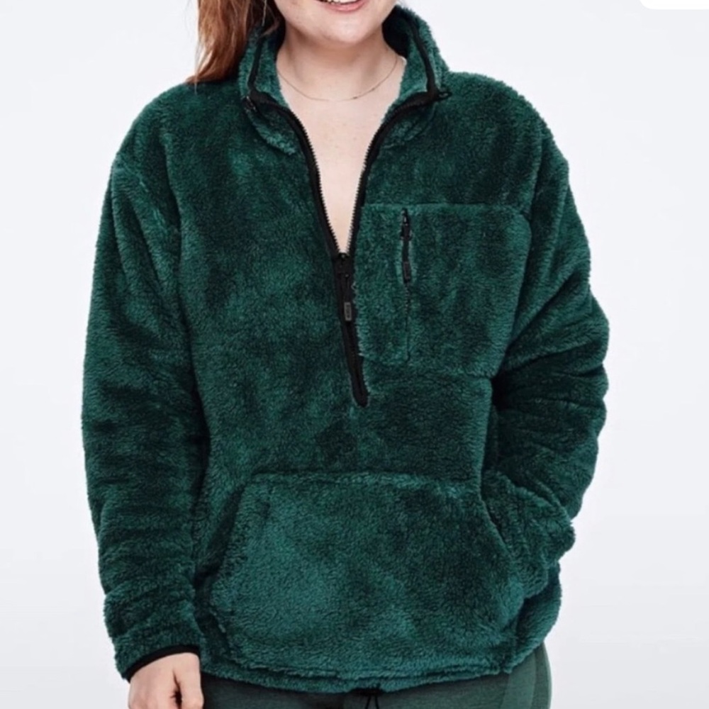 Pink Victoria's Secret Dark Green Half Zip Fuzzy Sherpa Jacket Small